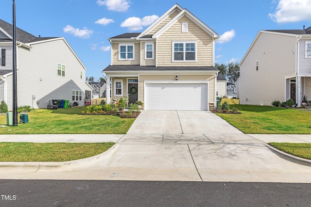 view of front facade with a front yard and a garage