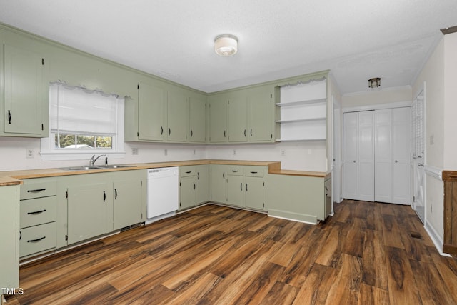 1204 Breedlove Rd, Nashville, NC 27856 - kitchen with white dishwasher, dark wood finished floors, a sink, open shelves, and green cabinets