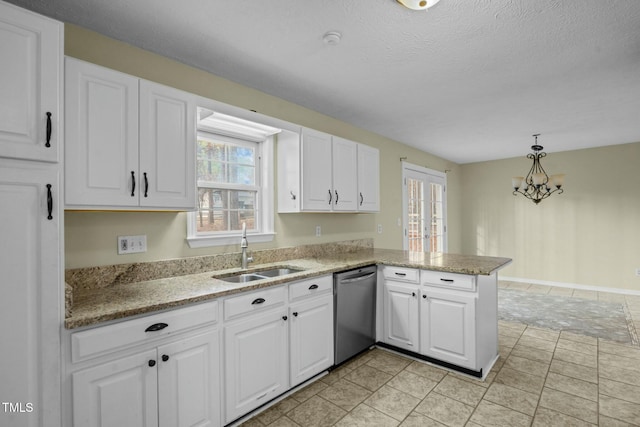 kitchen with sink, hanging light fixtures, stainless steel dishwasher, kitchen peninsula, and white cabinets