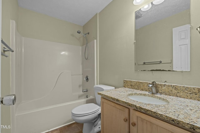 full bathroom with vanity, a textured ceiling, shower / tub combination, tile patterned flooring, and toilet