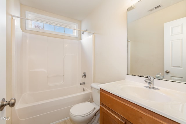 full bathroom with shower / tub combination, vanity, and toilet