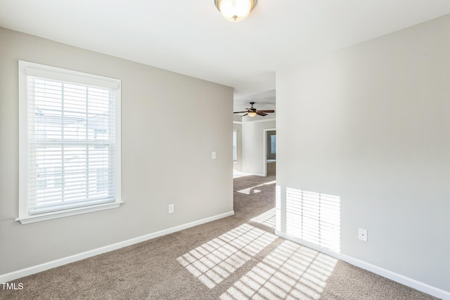 unfurnished room with carpet flooring, ceiling fan, and a healthy amount of sunlight