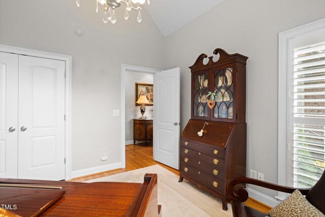 bedroom with vaulted ceiling, light hardwood / wood-style floors, a closet, and multiple windows