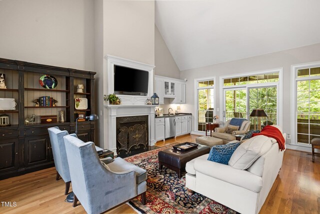 living room with sink, plenty of natural light, high vaulted ceiling, and light hardwood / wood-style flooring