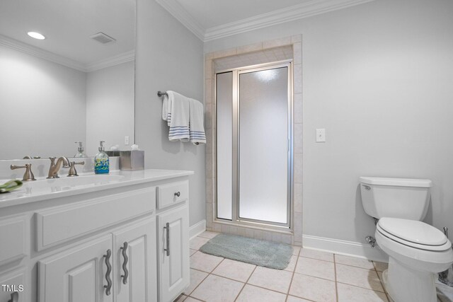 bathroom featuring an enclosed shower, ornamental molding, vanity, tile patterned flooring, and toilet