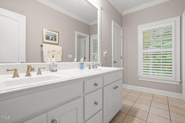 bathroom featuring vanity, tile patterned floors, and ornamental molding