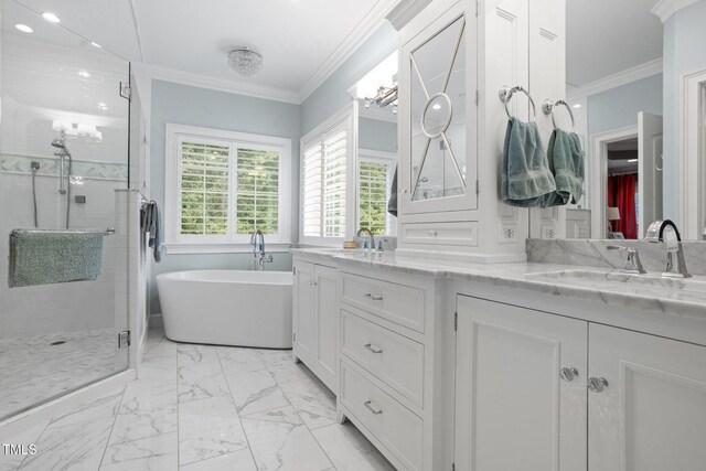 bathroom with plus walk in shower, vanity, and crown molding