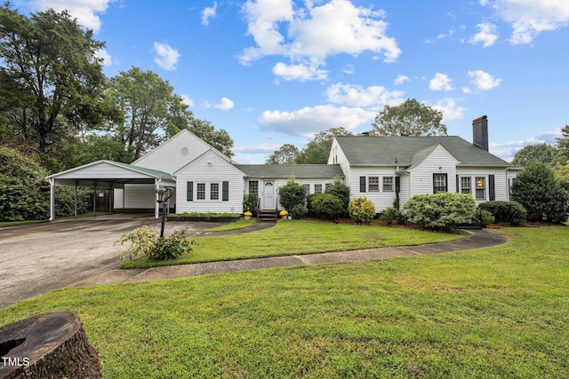 ranch-style house featuring a front lawn and a carport