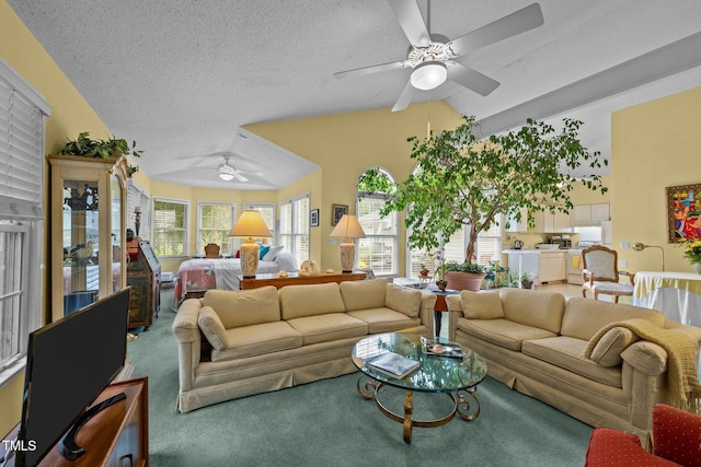 carpeted living room with ceiling fan, lofted ceiling, and a textured ceiling