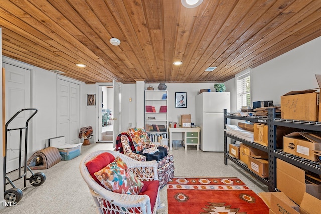 recreation room with wooden ceiling