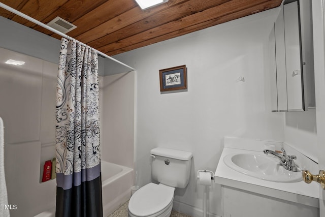 full bathroom with vanity, toilet, shower / bathtub combination with curtain, and wood ceiling