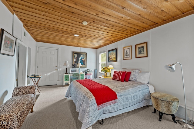 bedroom featuring light colored carpet and wooden ceiling