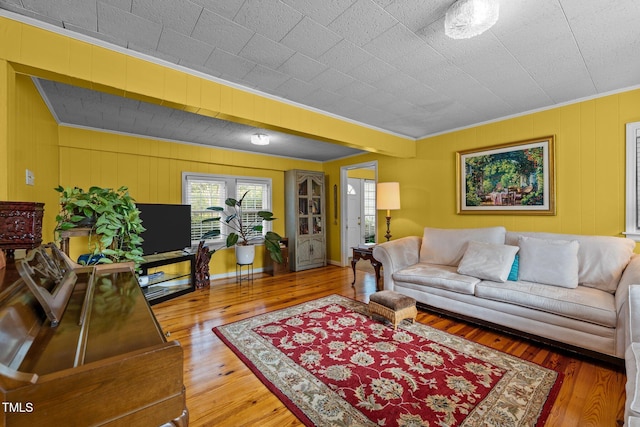 living room with hardwood / wood-style floors and ornamental molding