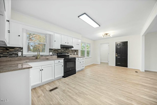 kitchen featuring white cabinets, light wood-type flooring, black range with electric cooktop, and sink