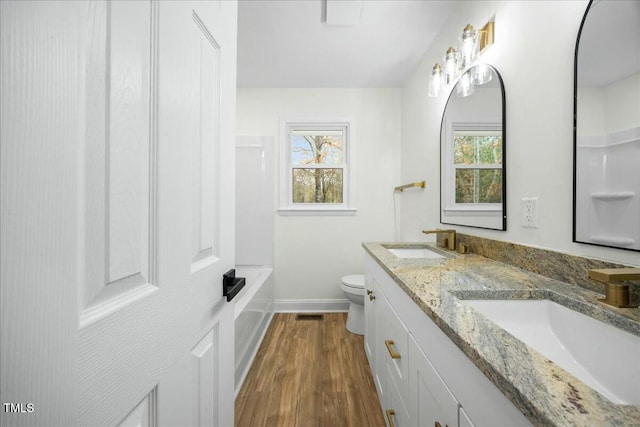 bathroom featuring hardwood / wood-style flooring, vanity, and toilet