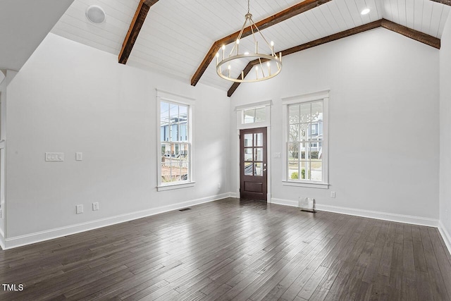 entryway with dark wood-type flooring, an inviting chandelier, beam ceiling, high vaulted ceiling, and wooden ceiling