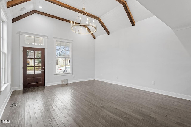 interior space featuring beamed ceiling, high vaulted ceiling, dark wood-type flooring, and a chandelier