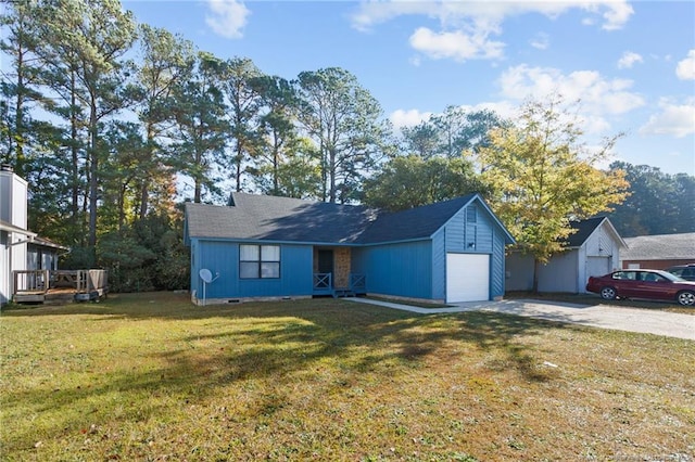 ranch-style home with crawl space, a garage, concrete driveway, and a front yard