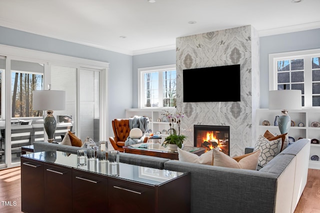 living room with a high end fireplace, wood-type flooring, and ornamental molding