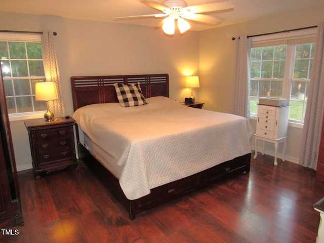 bedroom with ceiling fan, dark wood-type flooring, and multiple windows