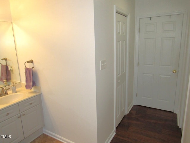 bathroom with vanity and wood-type flooring