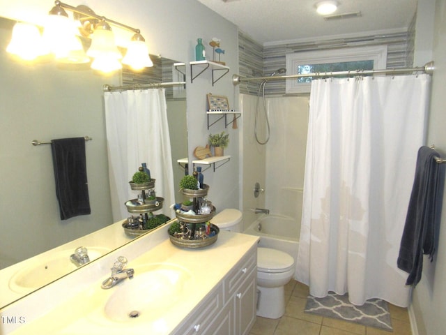 full bathroom featuring tile patterned flooring, vanity, toilet, and shower / bathtub combination with curtain