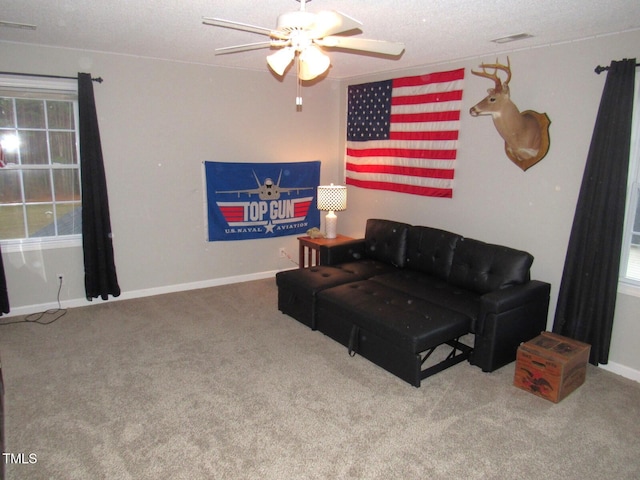 living room with carpet, ceiling fan, and a textured ceiling