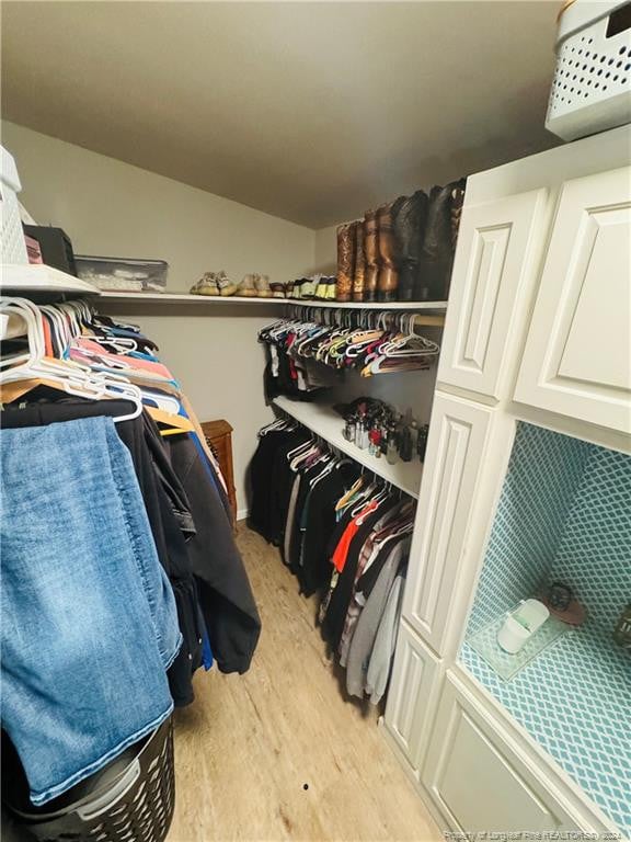 walk in closet with light hardwood / wood-style flooring