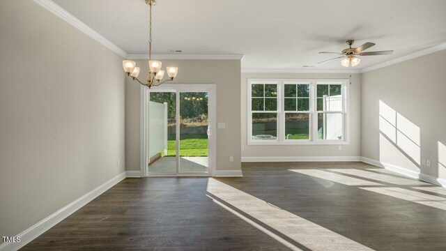 1825 Hinesley Dr, Durham, NC 27703 - unfurnished dining area with a chandelier, dark wood-style flooring, ornamental molding, baseboards, and a ceiling fan