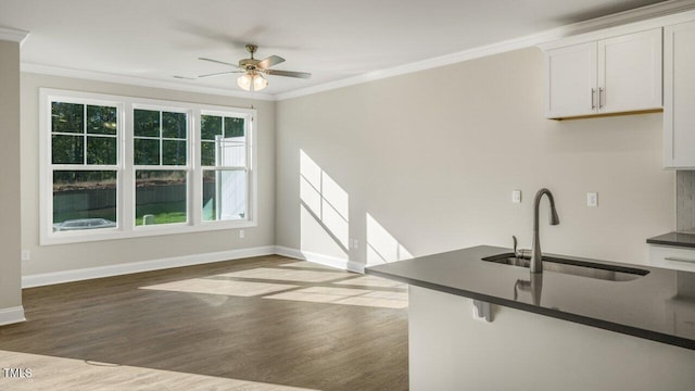 1825 Hinesley Dr, Durham, NC 27703 - kitchen featuring a sink, dark countertops, baseboards, a ceiling fan, and ornamental molding