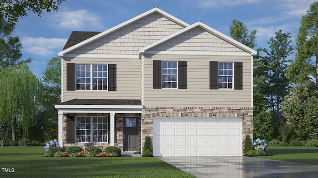 craftsman house with a front lawn and a garage