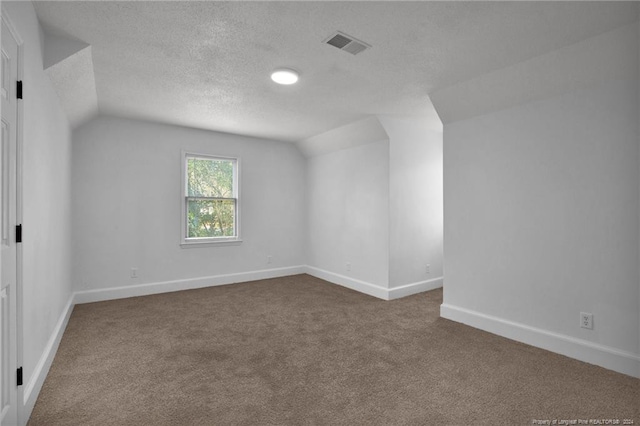 additional living space with carpet, a textured ceiling, and vaulted ceiling