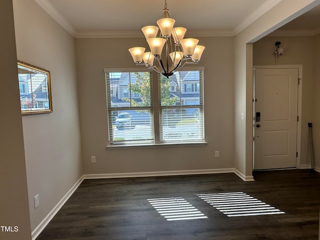 unfurnished dining area featuring a notable chandelier, dark hardwood / wood-style flooring, and a wealth of natural light