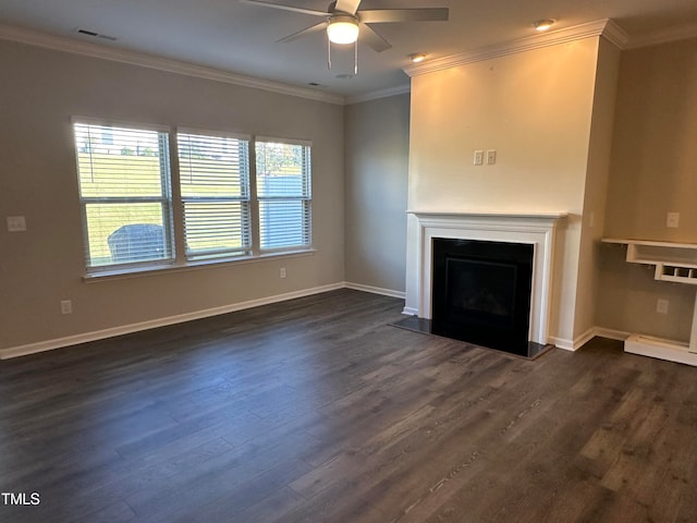 unfurnished living room featuring ceiling fan, dark hardwood / wood-style flooring, and crown molding