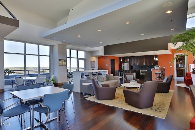 living room with dark wood-type flooring