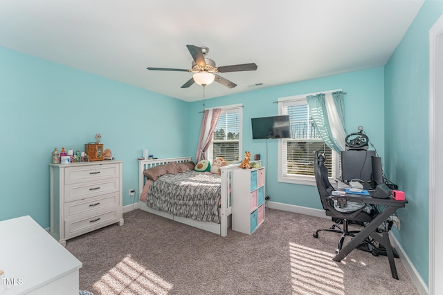 bedroom featuring carpet flooring and ceiling fan