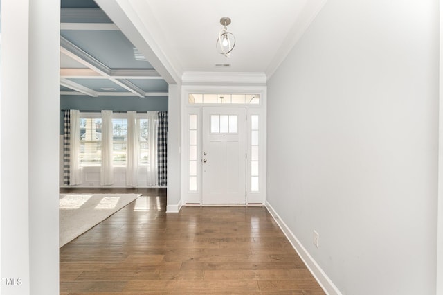 entryway featuring coffered ceiling, beamed ceiling, dark hardwood / wood-style floors, and ornamental molding