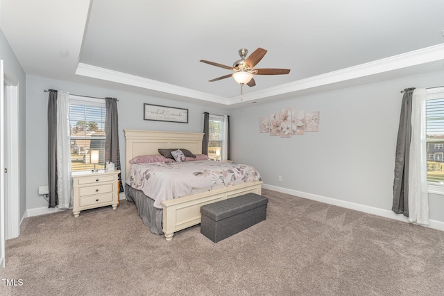 bedroom featuring carpet flooring, a raised ceiling, ceiling fan, and crown molding