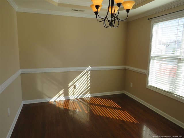 unfurnished room with a notable chandelier, dark hardwood / wood-style floors, and crown molding