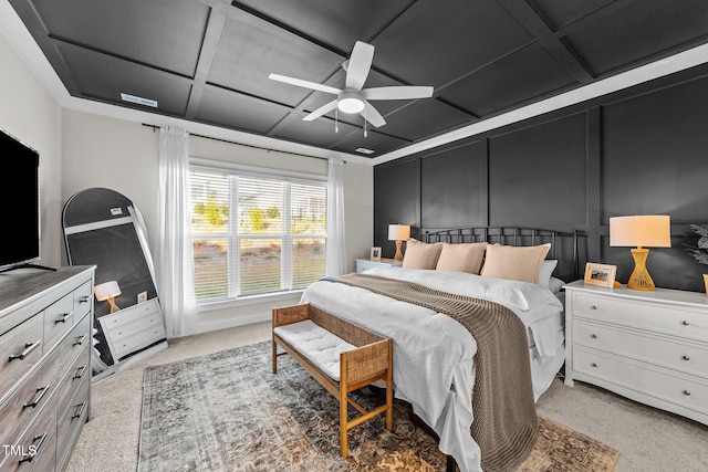 bedroom with ceiling fan, light colored carpet, and coffered ceiling