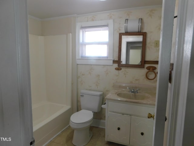 full bathroom featuring vanity,  shower combination, crown molding, tile patterned flooring, and toilet