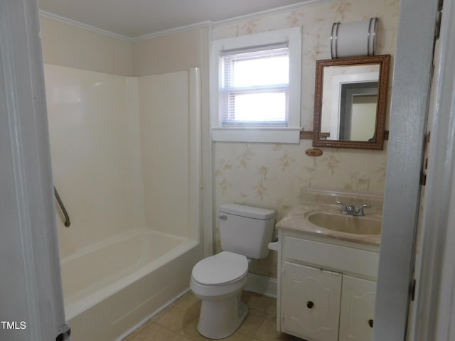 full bathroom featuring vanity, shower / tub combination, crown molding, tile patterned flooring, and toilet