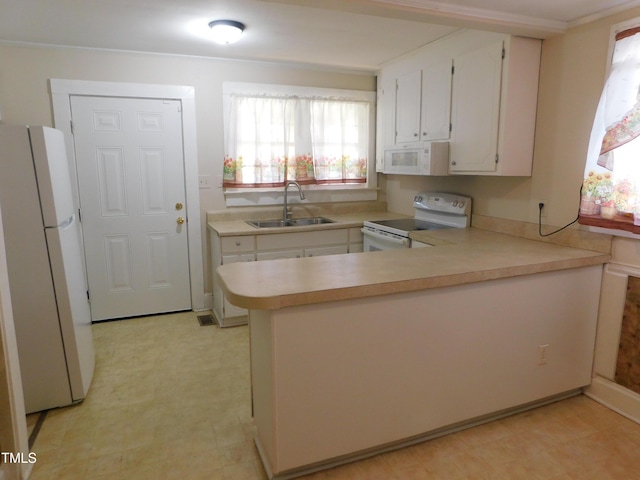 kitchen with kitchen peninsula, white appliances, white cabinetry, and sink