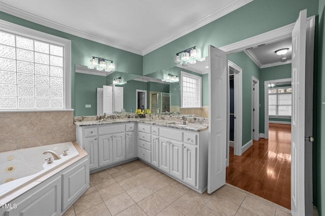 bathroom with a healthy amount of sunlight, crown molding, vanity, and wood-type flooring