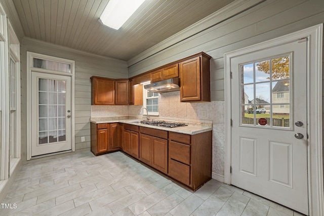 kitchen with wood walls, sink, ornamental molding, and stainless steel gas stovetop