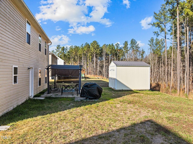 view of yard with a patio and a storage shed