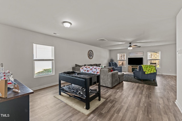 living room featuring ceiling fan and wood-type flooring