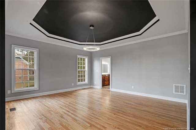 empty room featuring light hardwood / wood-style floors, a raised ceiling, ornamental molding, and a wealth of natural light