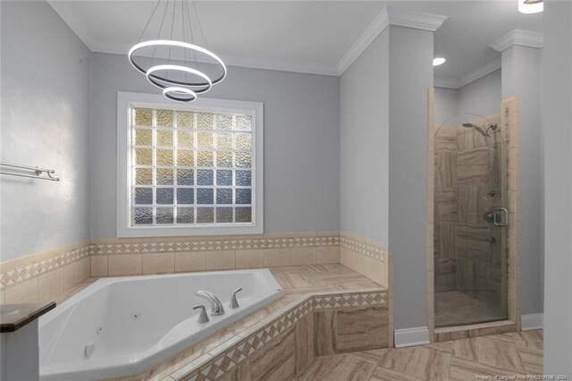363 Kimberwicke Dr, Fayetteville, NC 28311 - bathroom with a whirlpool tub, a stall shower, ornamental molding, and a chandelier