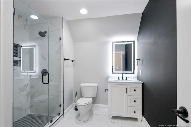 bathroom featuring vanity, toilet, an enclosed shower, and lofted ceiling